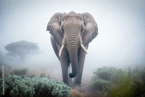Elephant in the mist, morning misty wildlife safari, generative ai