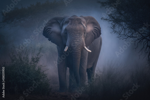 Elephant in the mist, morning misty wildlife safari, generative ai