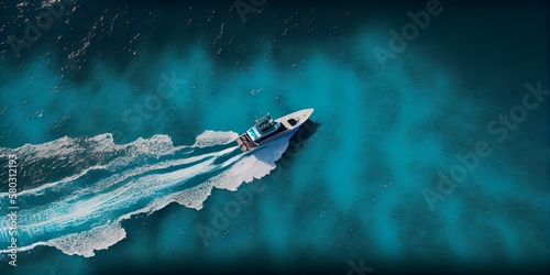 Aerial view of boat in blue lagoon, generative ai.