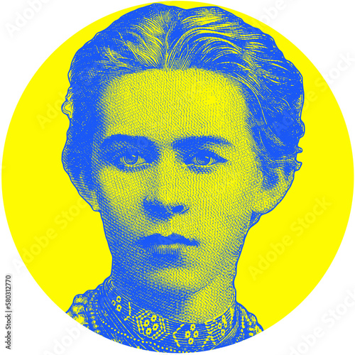 Close up portrait of Lesya Ukrainka, Ukrainian poet isolated from Ukrainian 200 hryvnia banknote. Ukrainian famous people. Ukrainian blue-yellow colors.