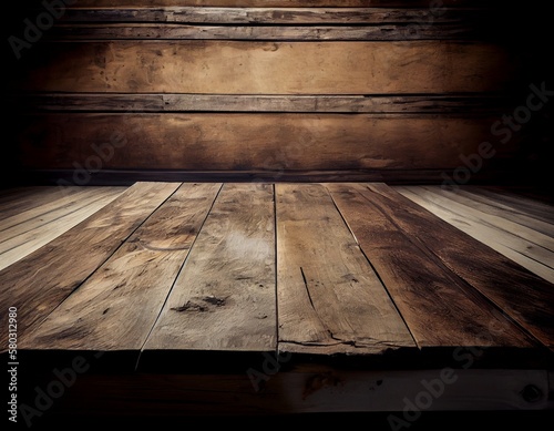Empty old wooden table and wall, generative ai