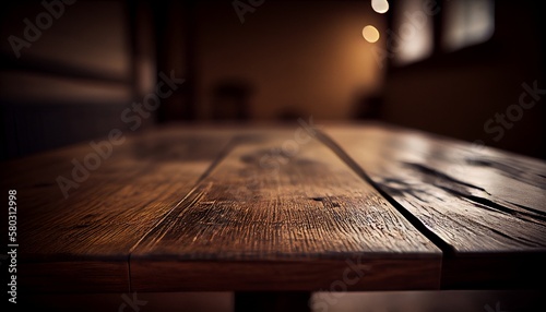 Old wooden table, shallow depth of field, generative ai