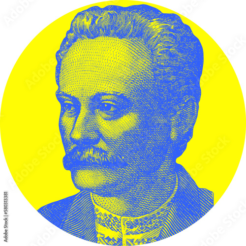 Close up portrait of Ivan Franko, Ukrainian poet isolated from Ukrainian 20 hryvnia banknote. Ukrainian blue-yellow colors.