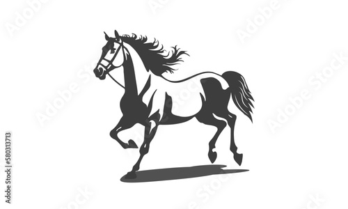 Vector black and white simple stencil of a galloping horse on a white background. Wild unbridled artiodactyl animal. Logo, sticker or emblem.