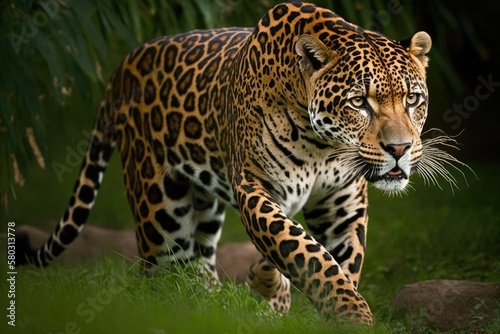 A full grown jaguar prowling the grass. Generative AI