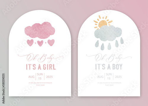 Cute baby shower watercolor invitation card for baby and kids new born celebration. Its a girl, Its a boy card with pink and grey clouds, sun and hearts.
