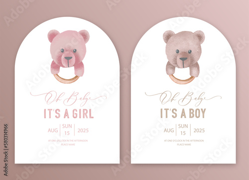 Cute baby shower watercolor invitation card for baby and kids new born celebration. Its a girl, Its a boy card with plush toy, rodents and rattles.