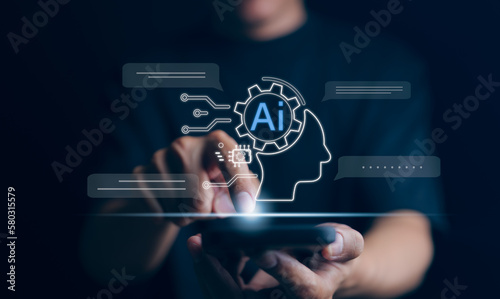 Foto Man using technology smart robot AI, Ai technology, Artificial Intelligence