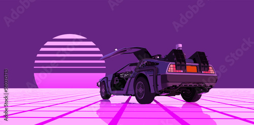 Retro futuristic car against purple sky with striped sun on a grid neon surface. Cyberpunk concept. Synthwave poster. Retro future wallpaper. Vector illustration. EPS 10.