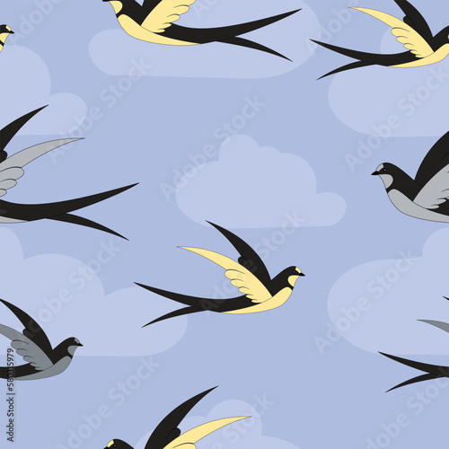 Seamless pattern with birds. Swallows on a blue sky background.