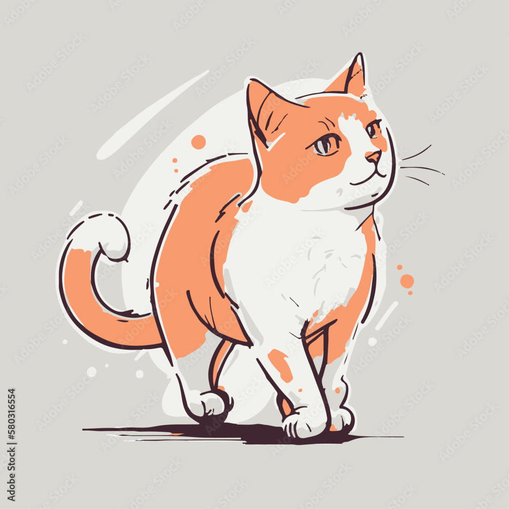 Obraz premium Adorable fun cartoon cat. Happy illustration of kitty. Fun vector art doodle. Card for children. Isolated hand drawn sketch of kawaii kitty. Cheerful of playful pet. Painting of kitten. Design animal.