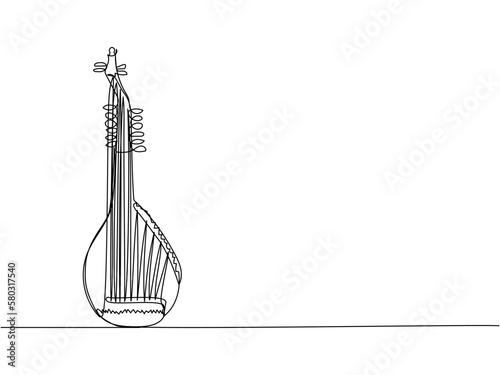 Torban one line art. Continuous line drawing of music, instrument, folk, musical, ukrainian, culture, acoustic, ethnic, lute, kobza, traditional, mandolin, string photo