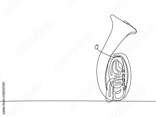 Euphonium one line art. Continuous line drawing of bass, equipment, classic, melody, euphonium, baritone, retro, vintage, tuba, trumpet, music, trombone, jazz, orchestra.