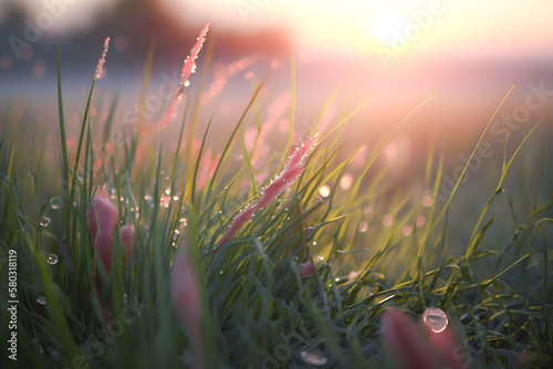 Sunrise Meadow Background: A peaceful meadow with dewy grass and a soft, pink sunrise on the horizon, creating a sense of renewal and hope. Perfect for designs related to new beginnings or fresh start