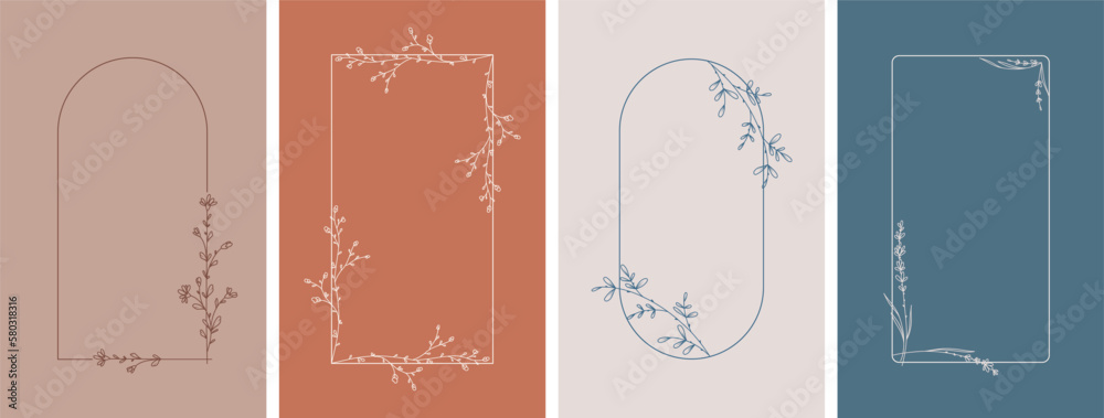 Elegant frames with hand drawn flowers and leaves, design templates in line style. Vector backgrounds for wedding invitations, greeting cards, social media stories, label, corporate identity - obrazy, fototapety, plakaty 
