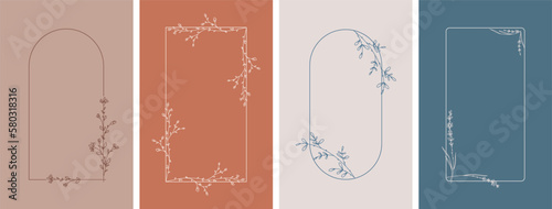Elegant frames with hand drawn flowers and leaves, design templates in line style. Vector backgrounds for wedding invitations, greeting cards, social media stories, label, corporate identity photo