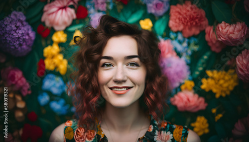 smiling cheerful woman surrounded by flowers in spring