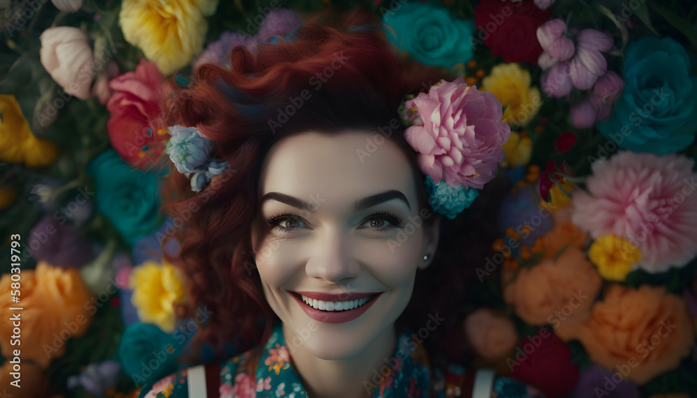 smiling cheerful woman surrounded by flowers in spring smiling cheerful woman surrounded by flowers in spring