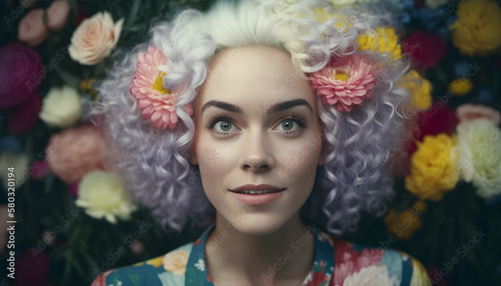 smiling cheerful woman surrounded by flowers in spring smiling cheerful woman surrounded by flowers in spring