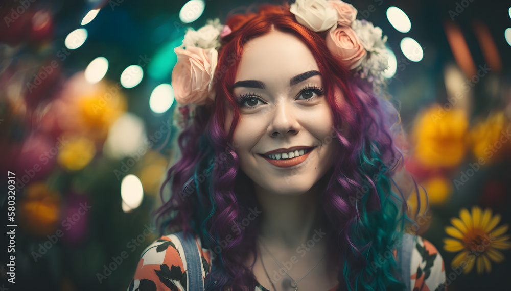 smiling cheerful woman surrounded by flowers in spring smiling cheerful woman surrounded by flowers in spring