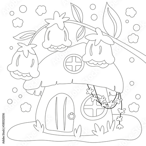 Elf's house coloring page. bluebells, 
mushroom house