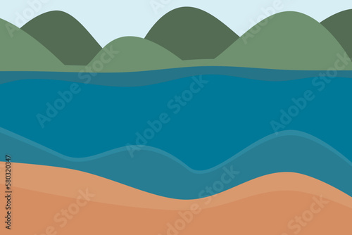 Abstract blue sea and beach summer background with paper waves and seacoast for banner, invitation, poster or web site design. Paper cut style, 3d effect imitation, space for text, vector illustration