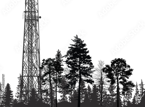 telecommunications part tower silhouette in forest isolated on white