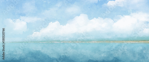 Sea landscape art vector background with blue sky and white clouds. Watercolor illustration for interior, flyers, poster, cover, banner. Modern hand draw painting for design interior. 
