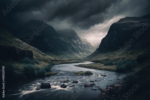 A wide mountain river winds through a misty mountain landscape dotted with hills and rocks. Mountainous backdrop with a wide, winding river winding through a lush valley in the rain. Cloudy, miserable