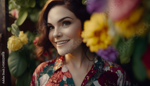 smiling cheerful woman surrounded by flowers in spring