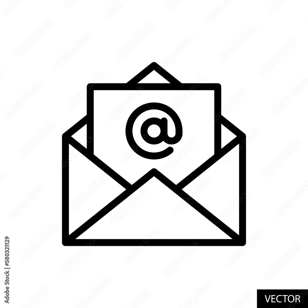 Mail with at sign vector icon in line style design for website, app, UI, isolated on white background. Editable stroke. Vector illustration. Mail with at sign vector icon in line style design for website, app, UI, isolated on white background. Editable stroke. Vector illustration.