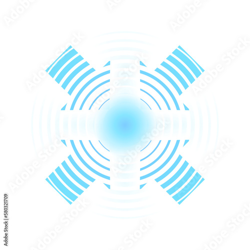 Blue concentric circles. Sonar waves. Signal source isolated on white background.
