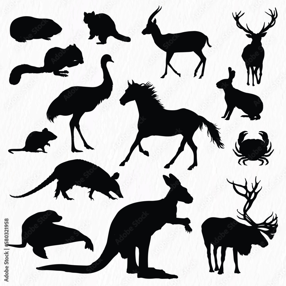 Vector african wild animals silhouettes set. wild animal shape shadow isolated on white background.