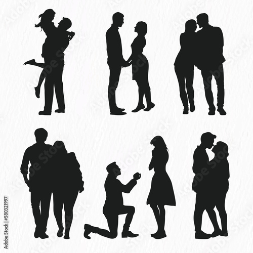 Vector silhouettes set of romantic couple hugging, kissing, walking, making love isolated on white background photo