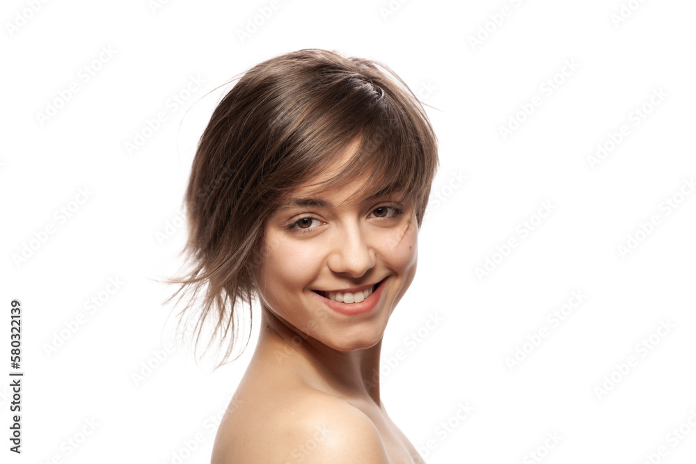 Beautiful girl fashion portrait. Smiling with wavy hair. . Beautiful girl fashion portrait. Smiling with wavy hair. .