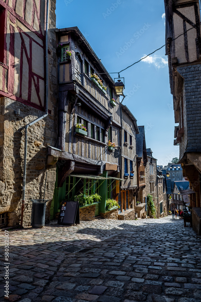 Fototapeta premium Breton Village Dinan With Narrow Alleys And Half-Timbered Houses In Department Ille et Vilaine In Brittany, France