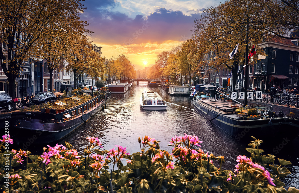 Channel in Amsterdam Netherlands Holland houses under river Amstel. Pleasure boats with tourists on the water. Flowers bringe. Beautiful sunset and house (houseboats) along - obrazy, fototapety, plakaty 