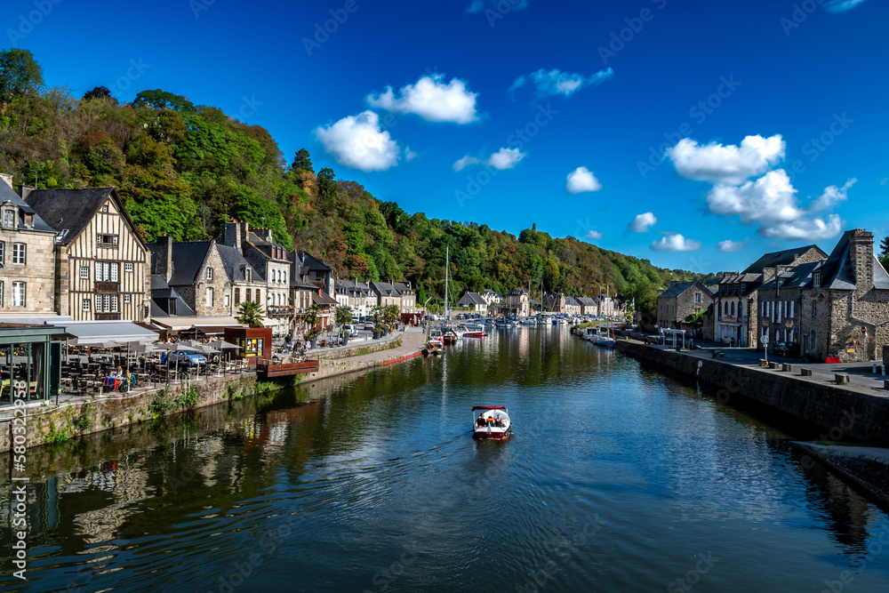 Fototapeta premium Breton Village Dinan With Half-Timbered Houses And River La Rance In Department Ille et Vilaine In Brittany, France