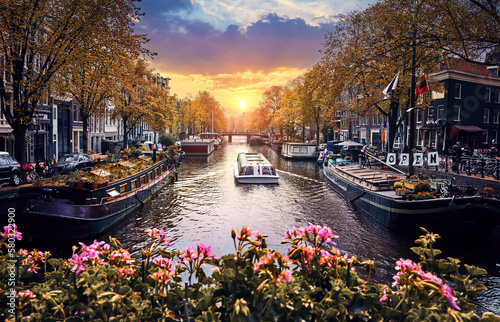 Fotografiet Channel in Amsterdam Netherlands Holland houses under river Amstel