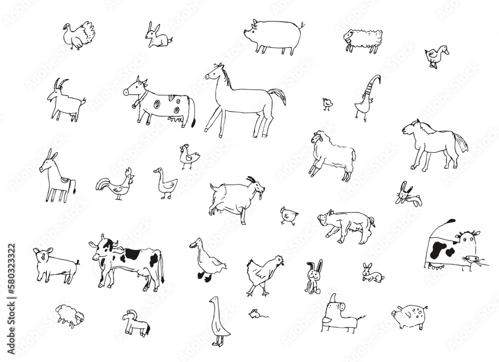 Farm set with animals, pets, livestock sketch on a white background. Children draw. Vector illustration.