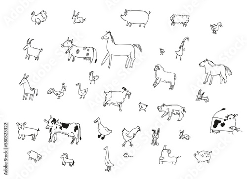 Farm set with animals, pets, livestock sketch on a white background. Children draw. Vector illustration.