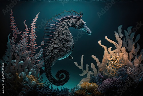 A dark seahorse cruises by a coral reef. Generative AI © AkuAku