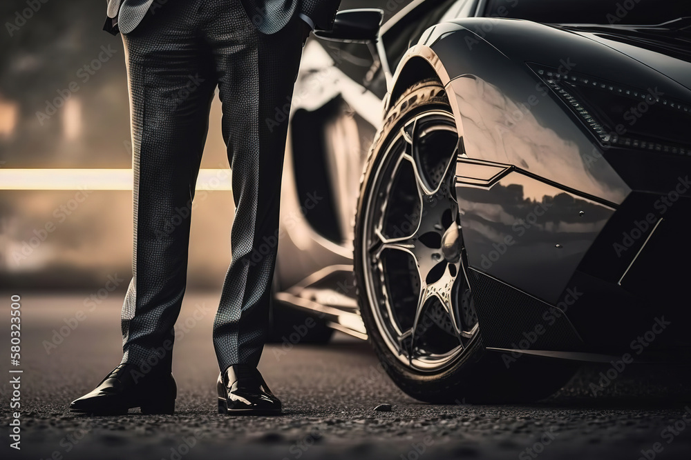 A rich guy in formal business suit which is standing in front of a  supercar, successful businessman concept. Generative Ai image. Stock  Illustration