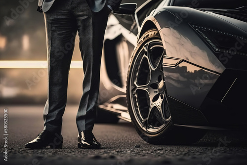 A businessman in formal suit uniform is standing in front of the supercar, successful businessman concept. Generative Ai image. © Nattawit