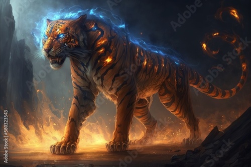Tiger with fire power in artistic style illustration, generative ai © pham