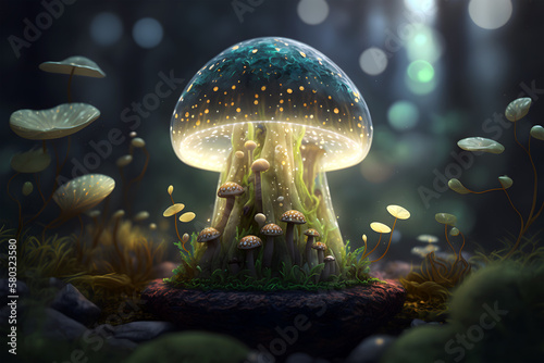 3d render of a fantasy mushroom in the forest with glowing lights. Fairy mushroom. Mushroom in the fairy forest. Generative AI technology.