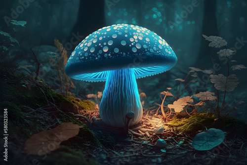 Fairy mushroom. Mushroom in the fairy forest. Blue mushroom in the forest. 3D illustration. Fantasy image. Generative AI technology.
