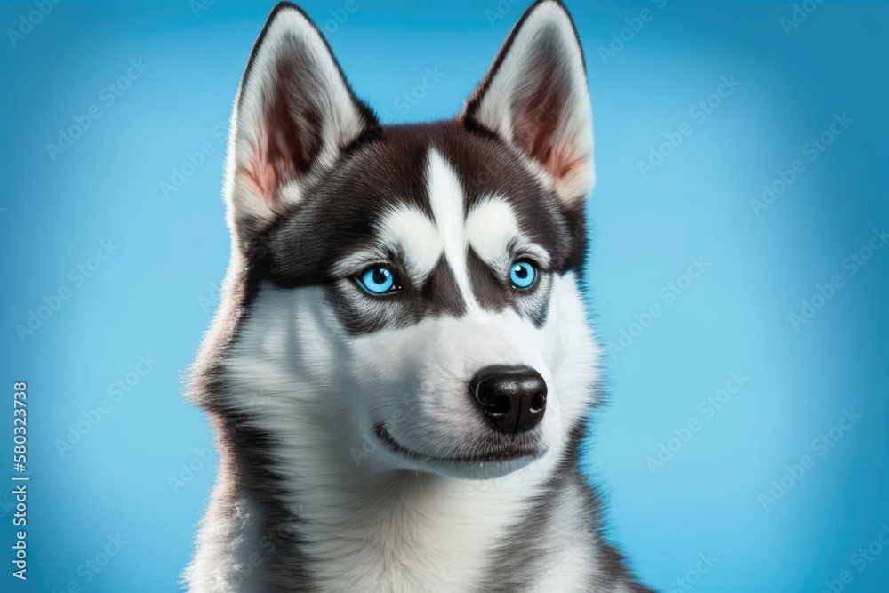 An adorable gray Siberian husky dog against a blue background. Generative AI
