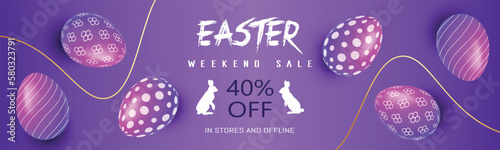 Easter offer and discount poster and banner template with Easter eggs on purple background.Greetings and presents for Easter Day in flat lay styling.Promotion and shopping template for Easter