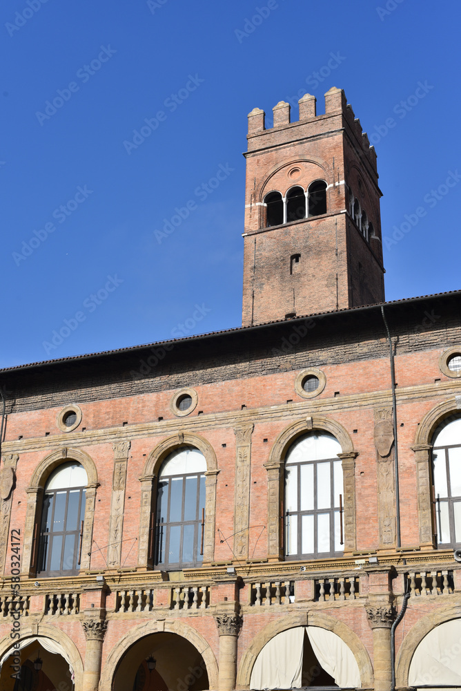 Bologna, Italy - 16 Nov, 2022: Palazzo del Podesta and the Piazza Maggiore, Bologna